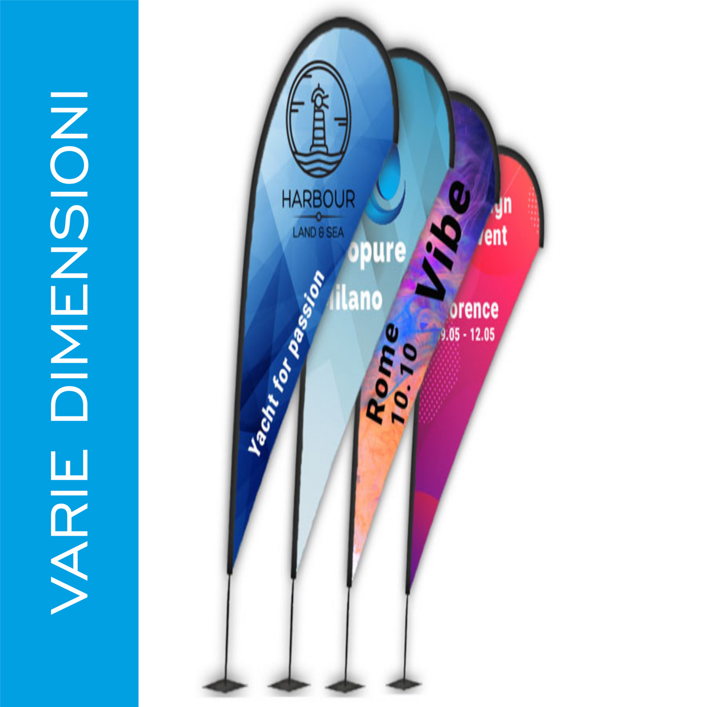 Espositori a bandiera colorati per eventi e promozioni di varie dimensioni